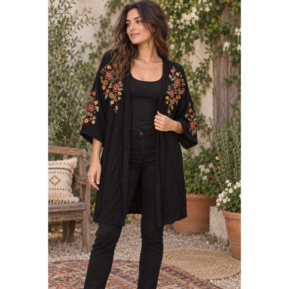 Forever 21 Black Floral Embroidered Open Front Kimono Duster Size S Boho